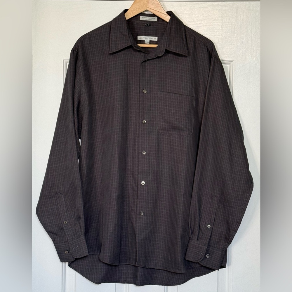 Geoffrey Beene Men’s Dress Shirt 16.5 Brown Plaid Modal Blend Long Sleeve